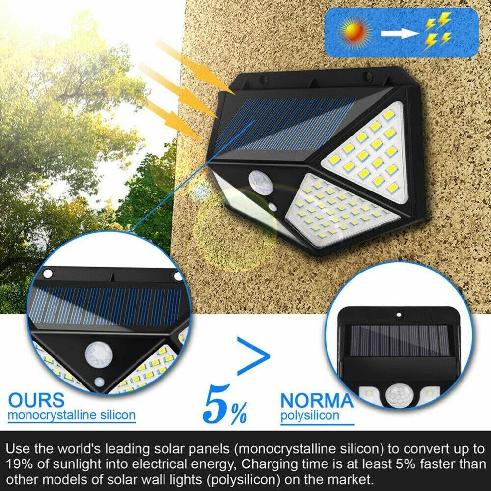 Lampada Solare 100 LED SMD da Parete con Sensore Movimento 270°, IP65, 1200LM, 1800mAh, per Giardino