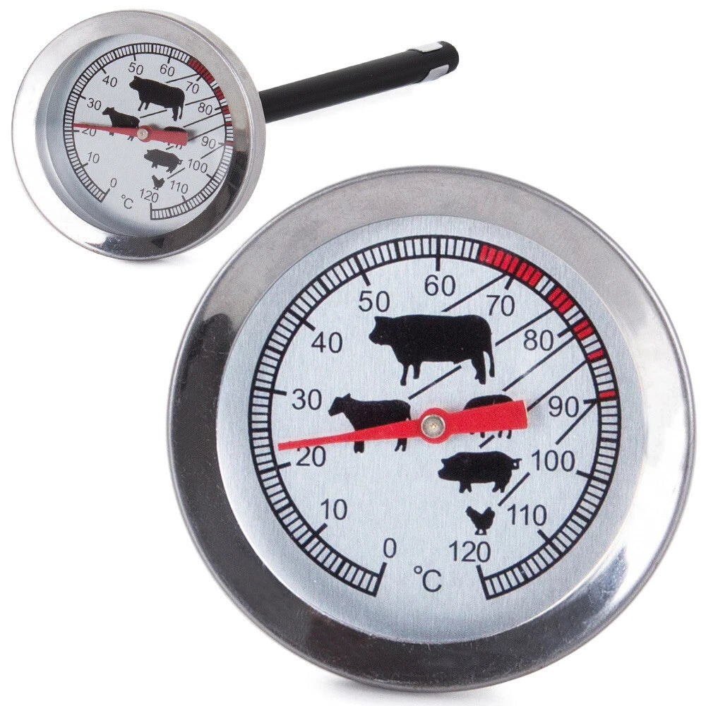 Termometro a Sonda per Carne BBQ e Affumicatoio, Acciaio Inox, 0-120°C, Sonda 12cm, Quadrante 5,5cm