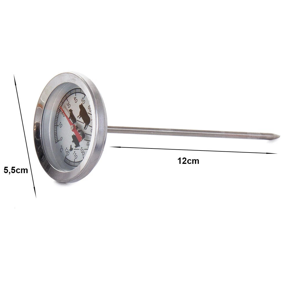 Termometro a Sonda per Carne BBQ e Affumicatoio, Acciaio Inox, 0-120°C, Sonda 12cm, Quadrante 5,5cm