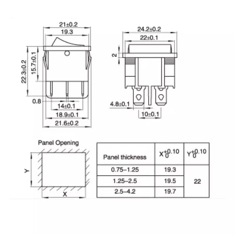 interruttore deviatore a 3 posizioni ON-OFF-ON a bilanciere 250V 12A 21x24mm