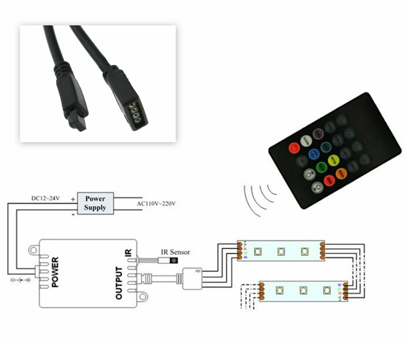 Controller ir rgb music per strisce led rgb 3528/5050 20 tasti ir 6a dc12v-24v