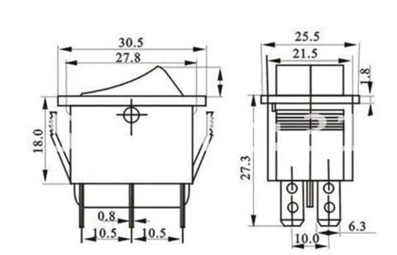 interruttore momentaneo on-off-on con ritorno 31x25mm, 16 A 250 V AC 6 terminali