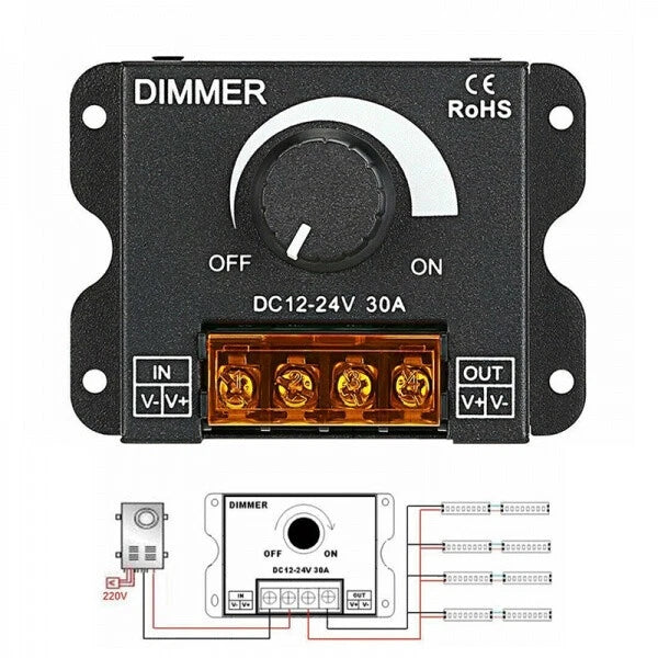 Dimmer per striscia faretto led analogico manuale rotella 30 ampere 12v 24v