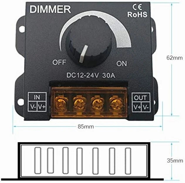 Dimmer per striscia faretto led analogico manuale rotella 30 ampere 12v 24v