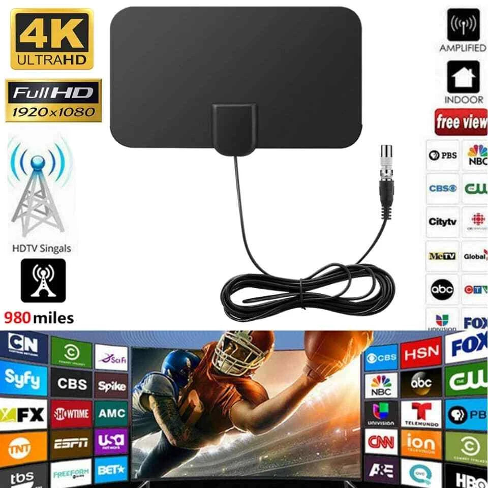 Antenna TV Interna DVB-T/T2 1080p, Amplificatore Rimovibile 25dBi, Cavo Coassiale 3m, 250x225mm, Nero