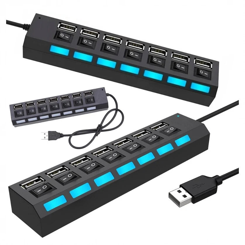 Hub USB 2.0 Alimentato a 7 Porte, Interruttore ON-OFF per Porta, LED di Stato, 480Mbps, per PC e Notebook