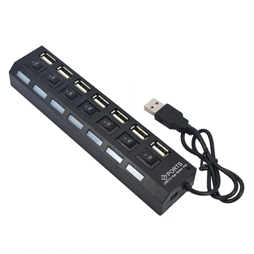 Hub USB 2.0 Alimentato a 7 Porte, Interruttore ON-OFF per Porta, LED di Stato, 480Mbps, per PC e Notebook