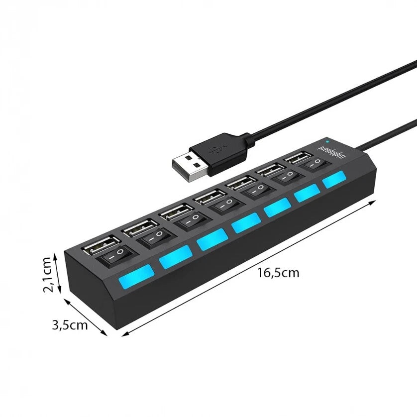 Hub USB 2.0 Alimentato a 7 Porte, Interruttore ON-OFF per Porta, LED di Stato, 480Mbps, per PC e Notebook