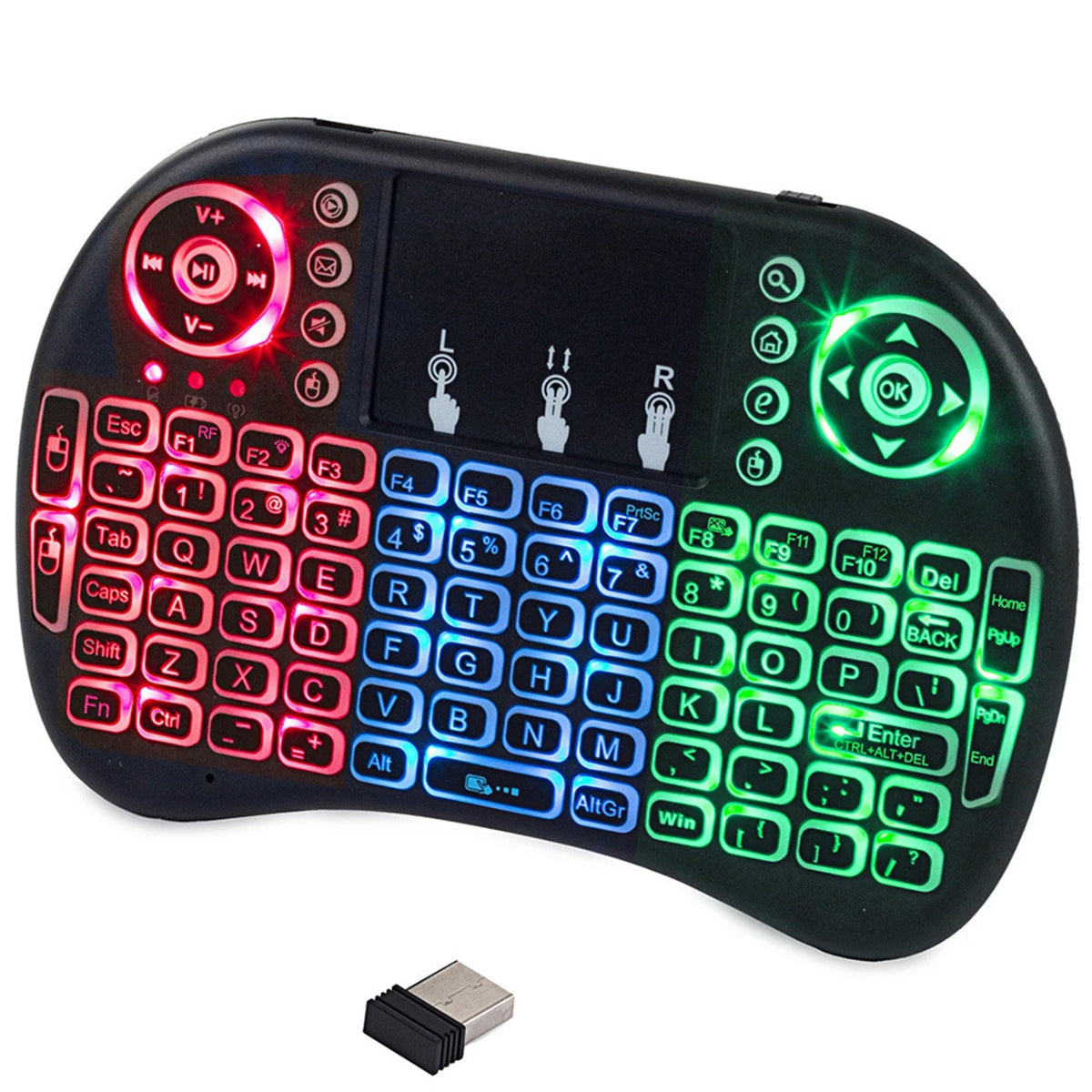 Mini Tastiera Wireless 2,4GHz con Touchpad e Retroilluminazione 4 Colori, 69 Tasti, per Android TV, PC, Smart TV