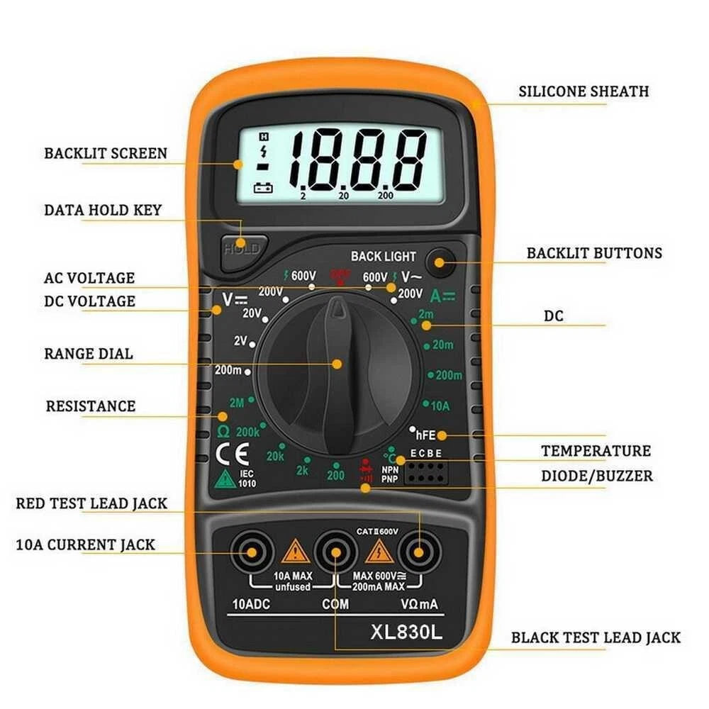 Tester multimetro digitale range test dmm dc, corrente ac/dc lcd retroilluminato