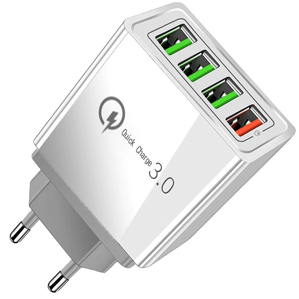 Caricatore USB 4 Porte Quick Charge 3.0, 48W Max, 5V-9V-12V, 100-240V, 87x45x26mm, Nero o Bianco