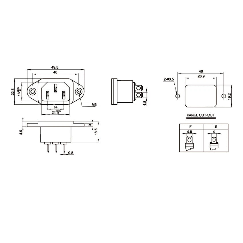 Connettore spina vde maschio iec c14 pannello tripolare 3 poli