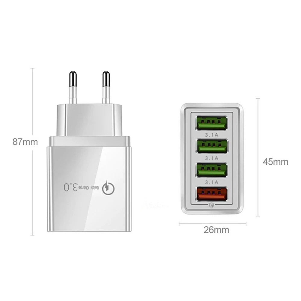 Caricatore USB 4 Porte Quick Charge 3.0, 48W Max, 5V-9V-12V, 100-240V, 87x45x26mm, Nero o Bianco