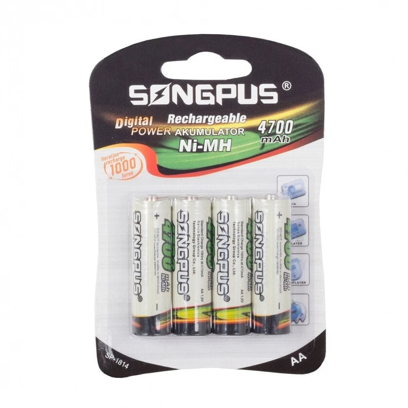 Set 4 Batterie AA Stilo NiMH Ricaricabili 4700mAh, Senza Effetto Memoria, Ricarica Rapida ~4,5h