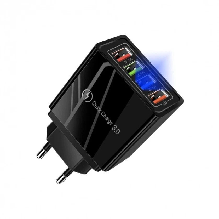 Caricatore USB 4 Porte Quick Charge 3.0, 48W Max, 5V-9V-12V, 100-240V, 87x45x26mm, Nero o Bianco