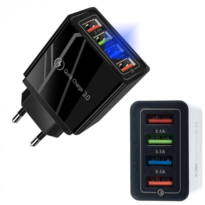 Caricatore USB 4 Porte Quick Charge 3.0, 48W Max, 5V-9V-12V, 100-240V, 87x45x26mm, Nero o Bianco