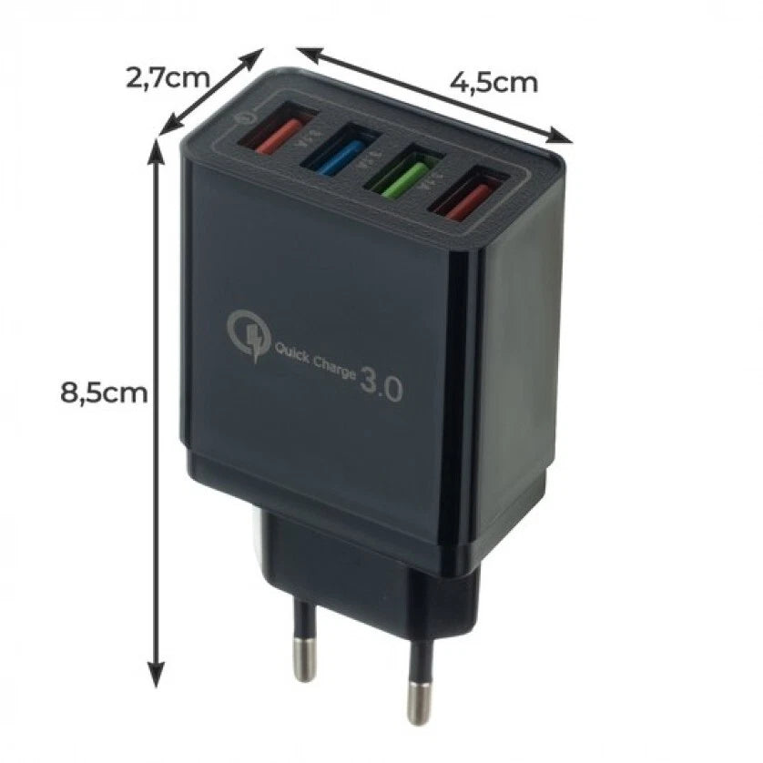 Caricatore USB 4 Porte Quick Charge 3.0, 48W Max, 5V-9V-12V, 100-240V, 87x45x26mm, Nero o Bianco