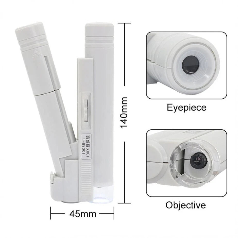 Microscopio a led mini tascabile pieghevole 100x lente d'ingrandimento