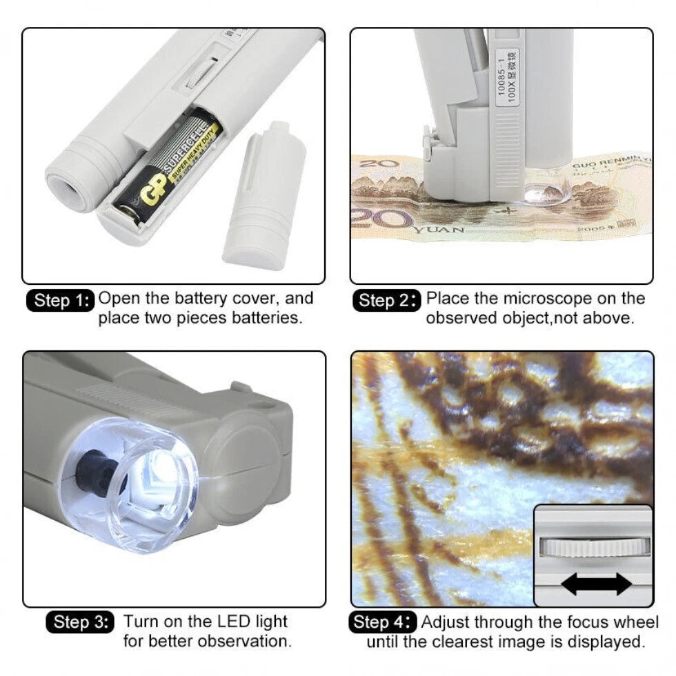 Microscopio a led mini tascabile pieghevole 100x lente d'ingrandimento