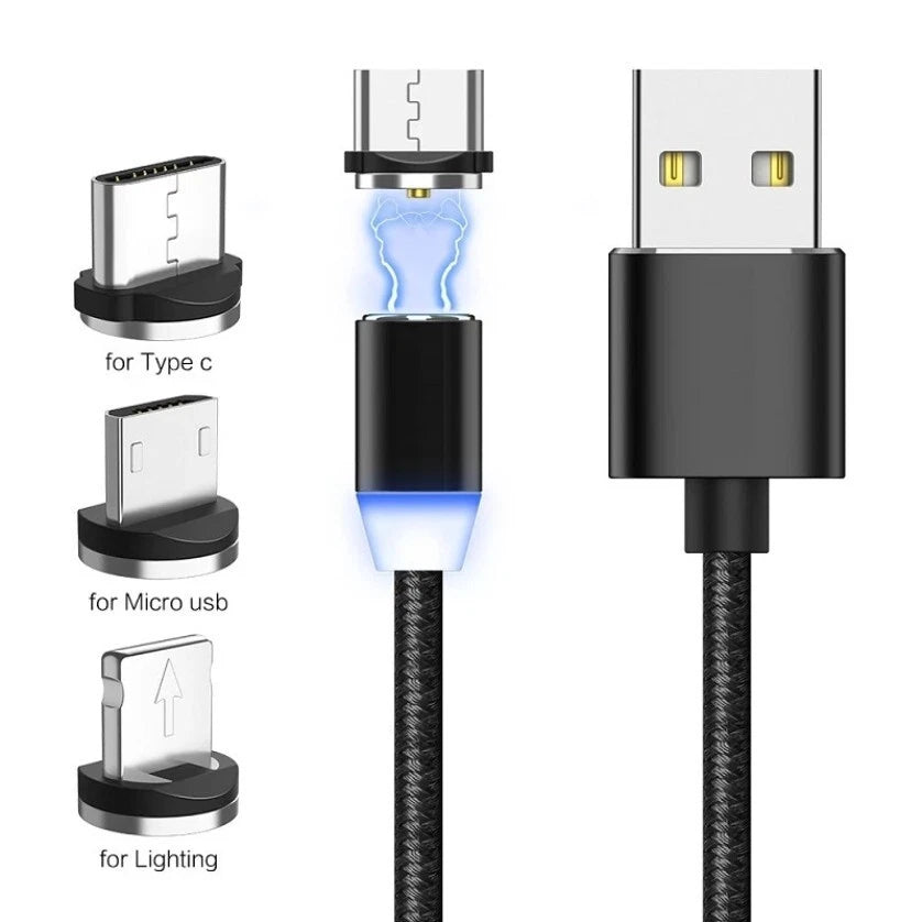 Cavo Magnetico 3in1 USB: Type-C, Micro-USB e Lightning, 1m, 5V/2A, Rotazione 360°, LED Blu, Nylon