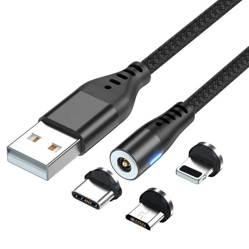 Cavo Magnetico 3in1 USB: Type-C, Micro-USB e Lightning, 1m, 5V/2A, Rotazione 360°, LED Blu, Nylon