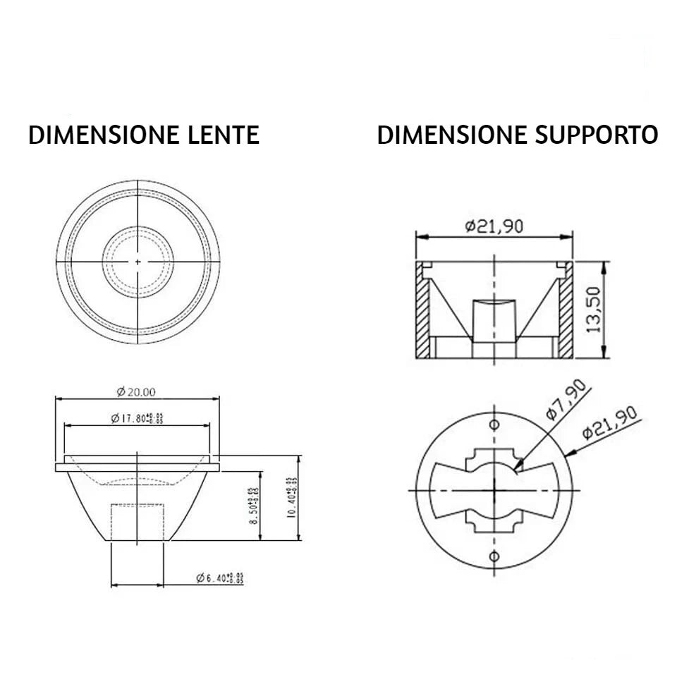 Lente di collimazione con supporto 22mm per chip led da 1w 2w 3w 5w