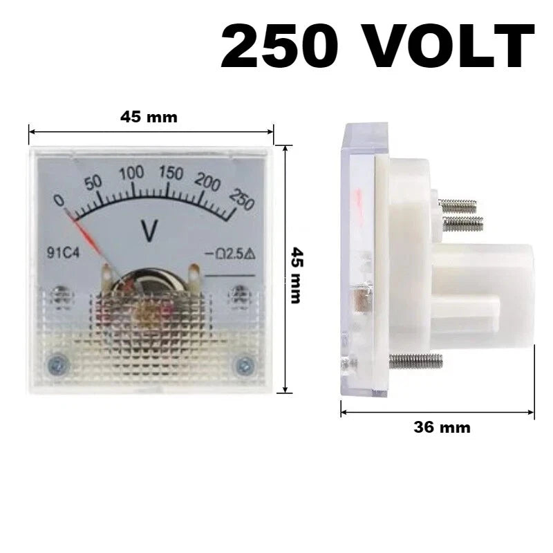 Voltmetro Analogico DC da Pannello, Classe 2,5, 45x45x36mm, Range 3V-250V a Scelta