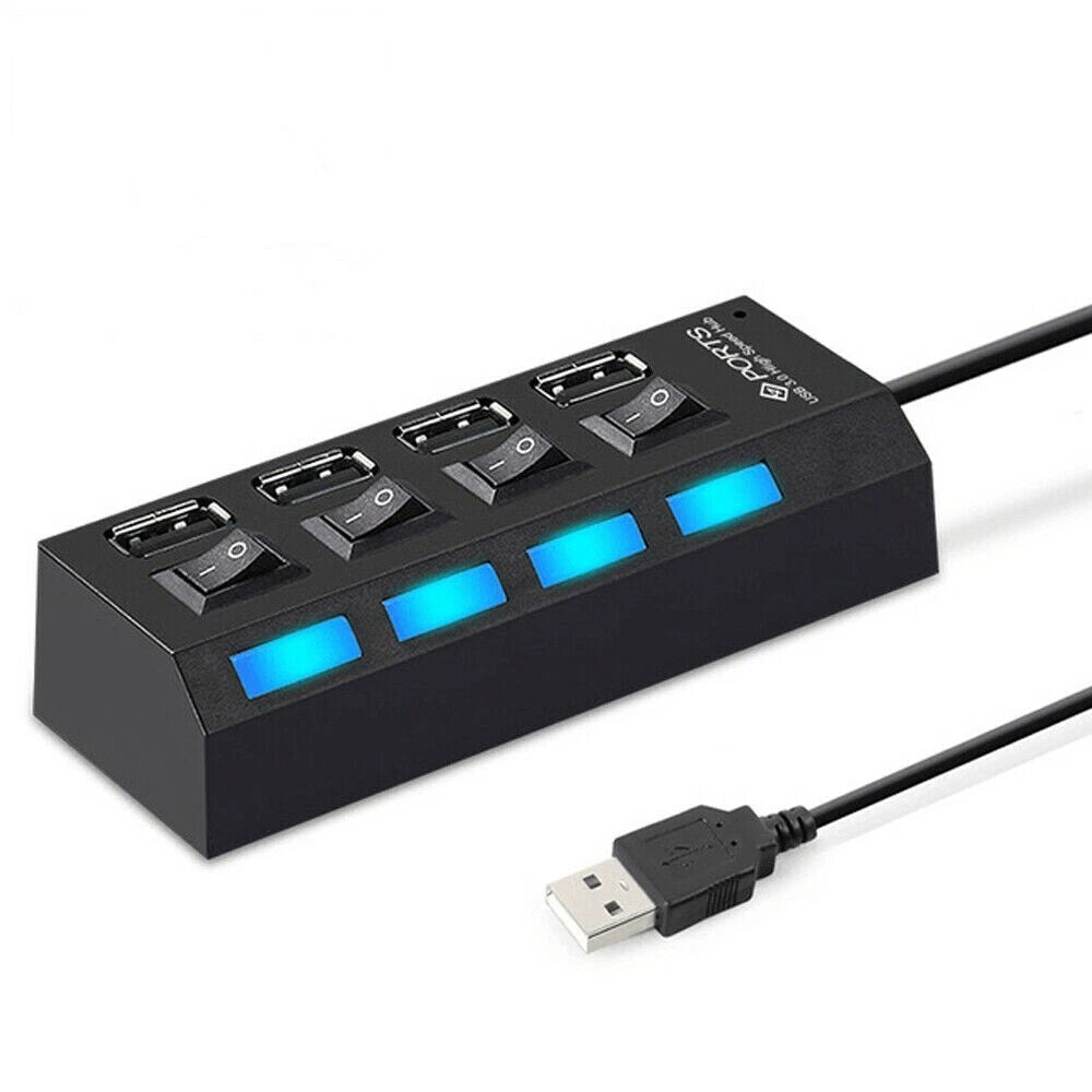 Hub USB 2.0 4 Porte con Interruttori Individuali e LED, 480 Mbps, per PC e Notebook
