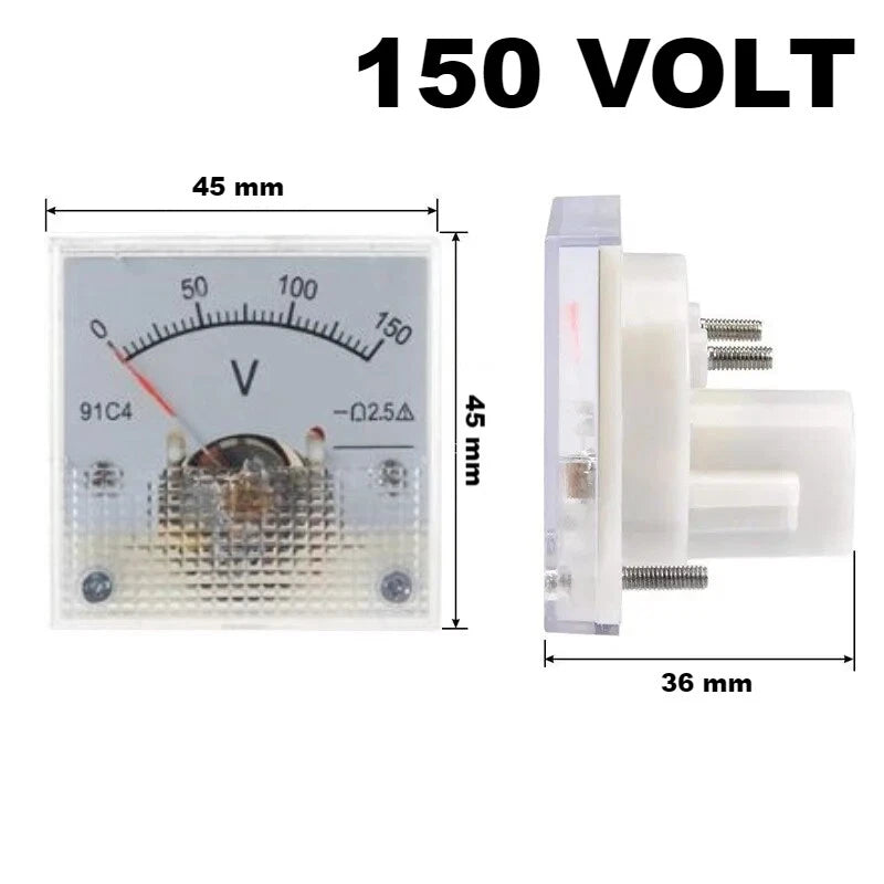 Voltmetro Analogico DC da Pannello, Classe 2,5, 45x45x36mm, Range 3V-250V a Scelta