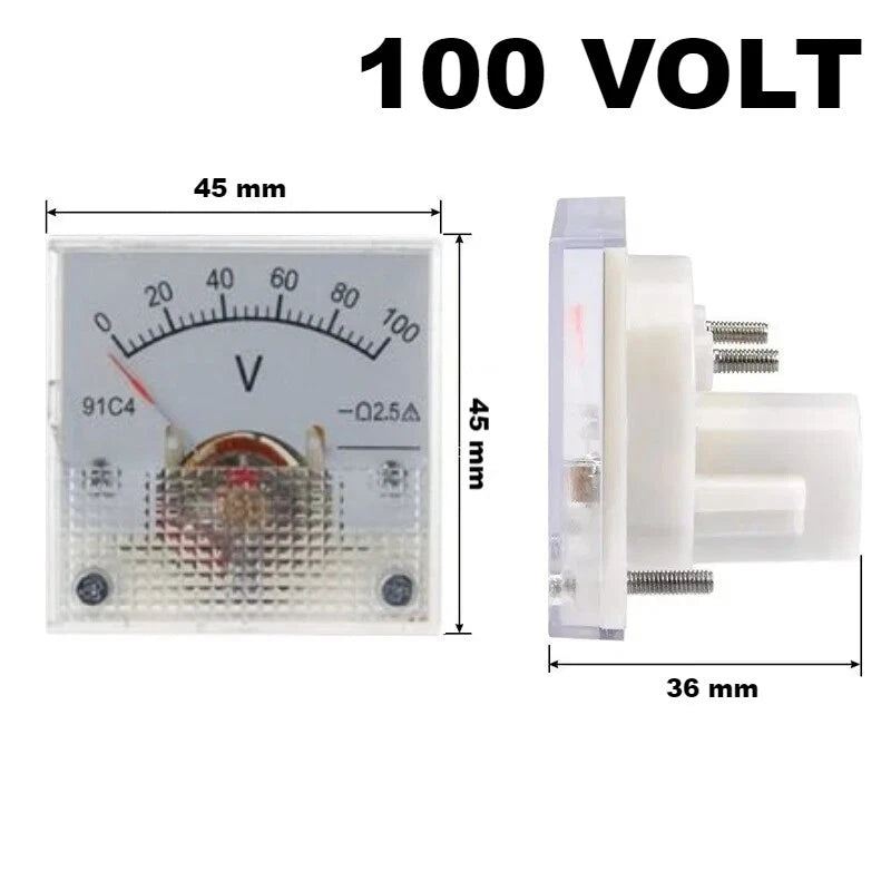 Voltmetro Analogico DC da Pannello, Classe 2,5, 45x45x36mm, Range 3V-250V a Scelta