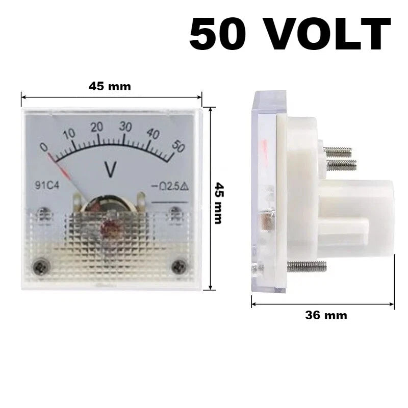 Voltmetro Analogico DC da Pannello, Classe 2,5, 45x45x36mm, Range 3V-250V a Scelta