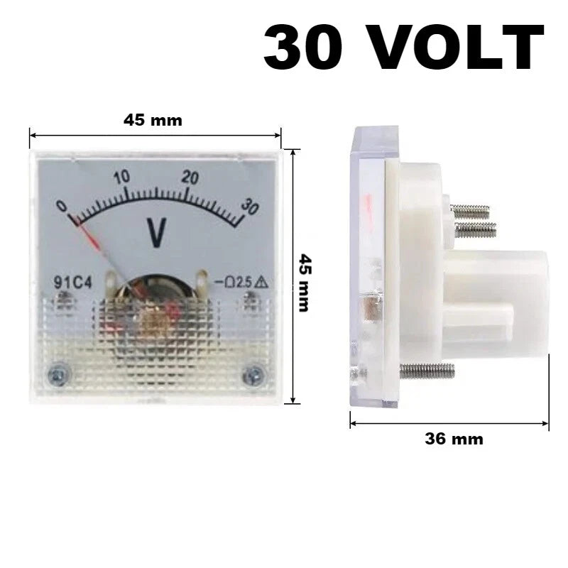 Voltmetro Analogico DC da Pannello, Classe 2,5, 45x45x36mm, Range 3V-250V a Scelta