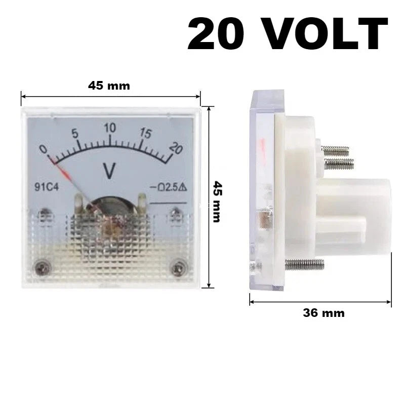 Voltmetro Analogico DC da Pannello, Classe 2,5, 45x45x36mm, Range 3V-250V a Scelta