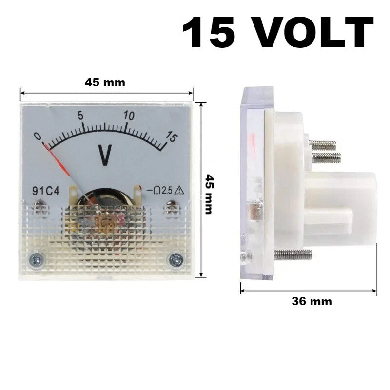 Voltmetro Analogico DC da Pannello, Classe 2,5, 45x45x36mm, Range 3V-250V a Scelta