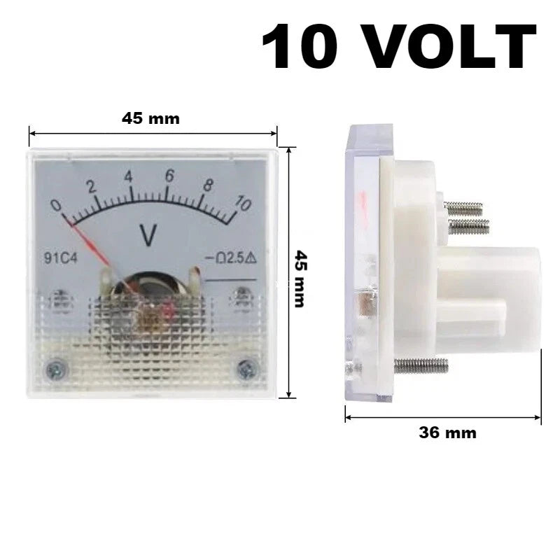 Voltmetro Analogico DC da Pannello, Classe 2,5, 45x45x36mm, Range 3V-250V a Scelta