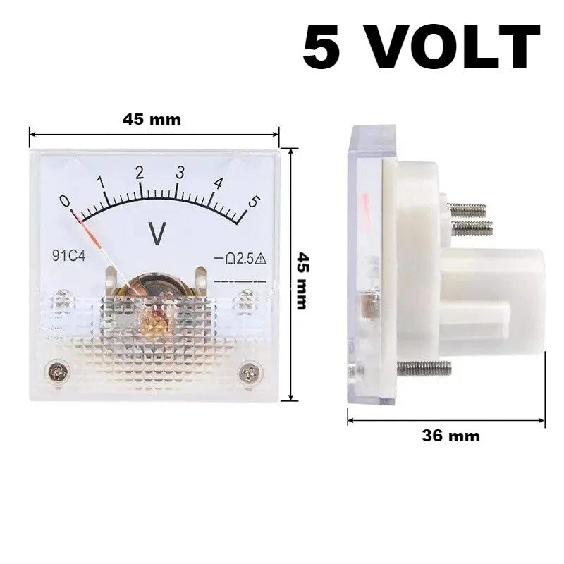 Voltmetro Analogico DC da Pannello, Classe 2,5, 45x45x36mm, Range 3V-250V a Scelta