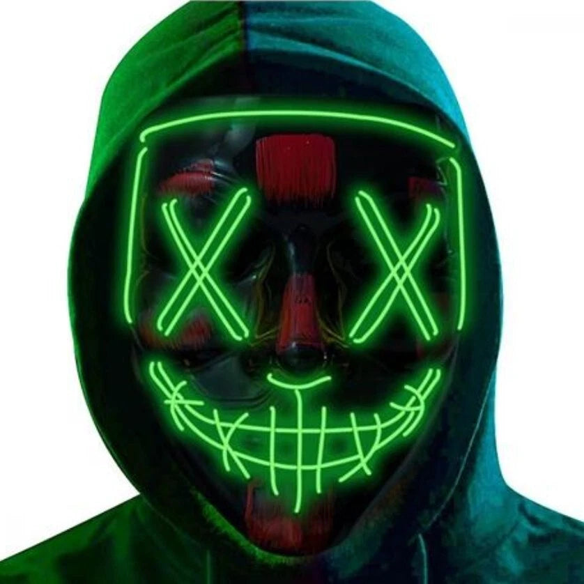 Maschera LED Verde Illuminata per Halloween, Purge, Carnevale e Rave, 3 Modalità Luce, PVC, Universale