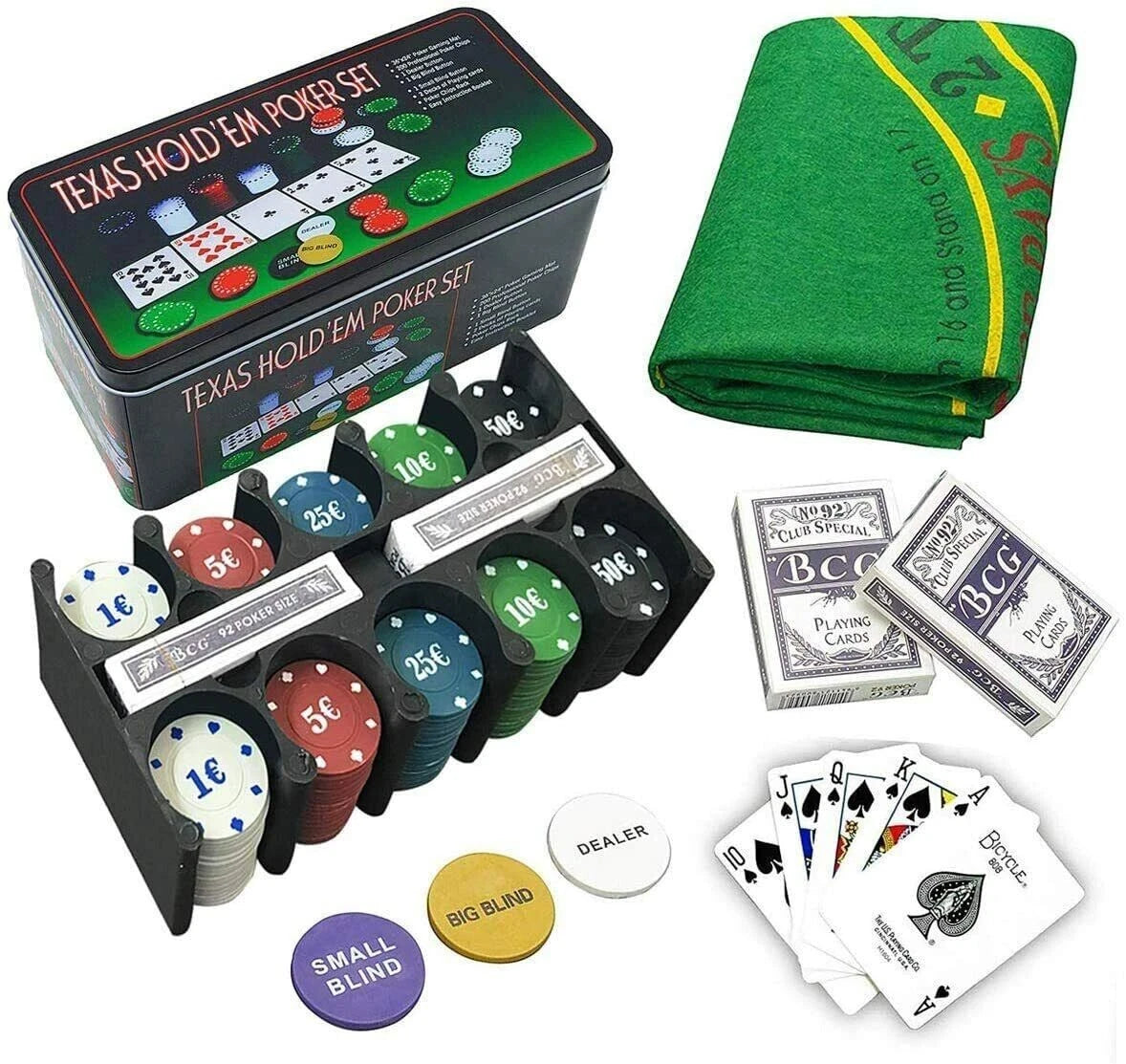 Set poker texas hold'em 200 fiches chips, panno, tovaglia da gioco e carte