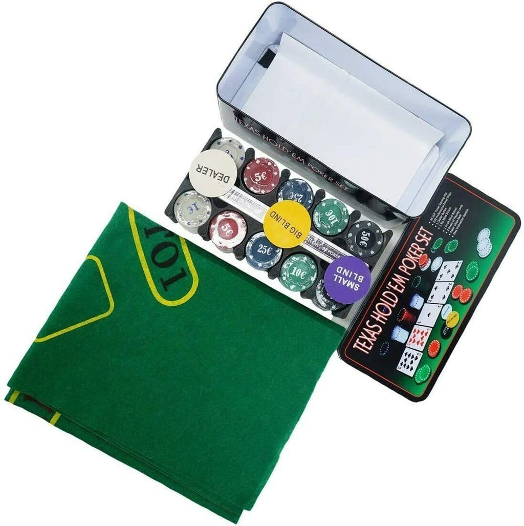Set poker texas hold'em 200 fiches chips, panno, tovaglia da gioco e carte