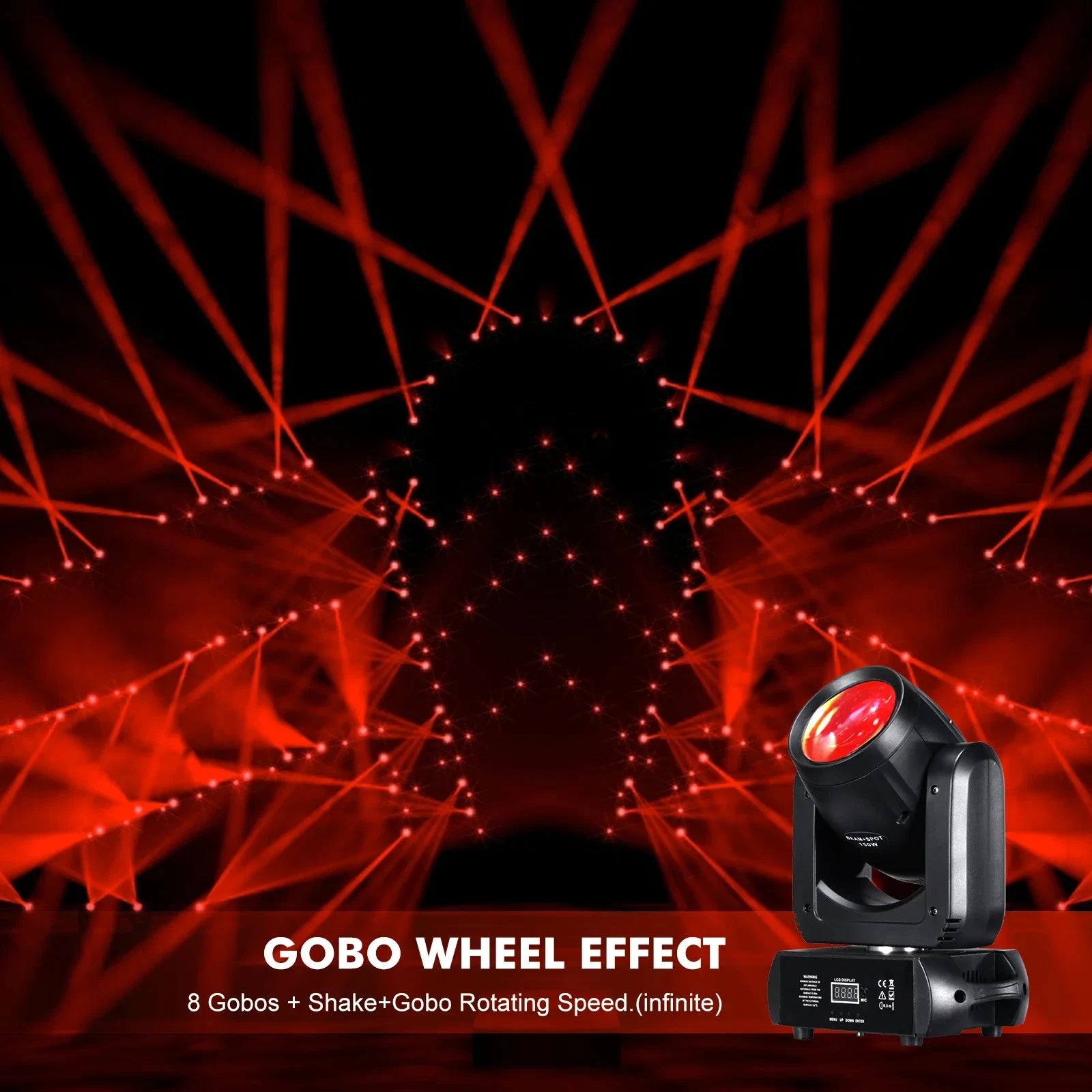 Testa mobile led 150w led dmx colori 18 prismi rotanti, fascio luce, spot led
