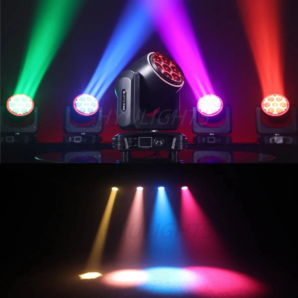 Testa Mobile LED 300W, 7x40W RGBW 4in1, Zoom 3-60°, DMX512, Schermo LCD, per Discoteche e Club