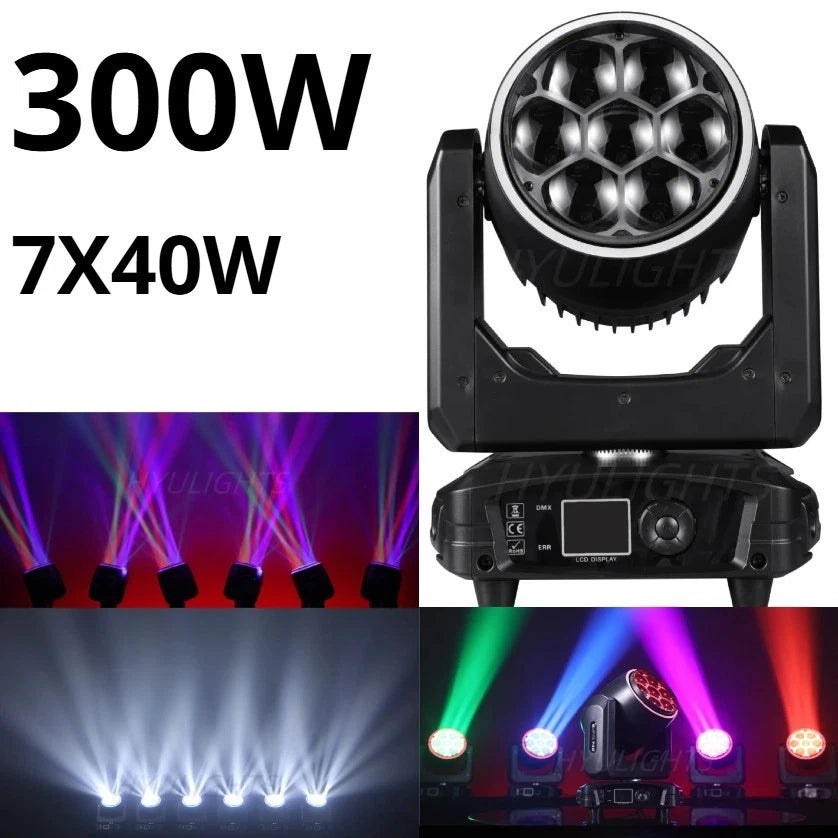Testa Mobile LED 300W, 7x40W RGBW 4in1, Zoom 3-60°, DMX512, Schermo LCD, per Discoteche e Club