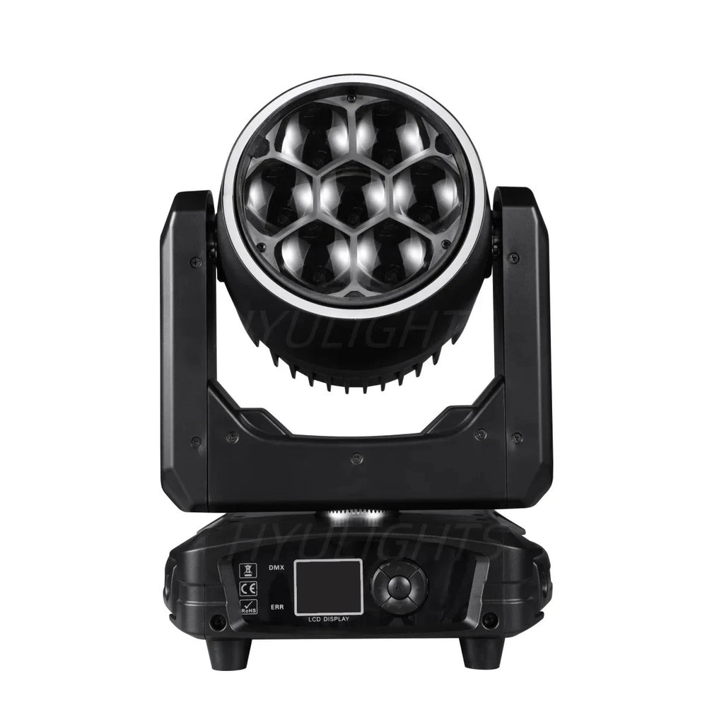 Testa Mobile LED 300W, 7x40W RGBW 4in1, Zoom 3-60°, DMX512, Schermo LCD, per Discoteche e Club