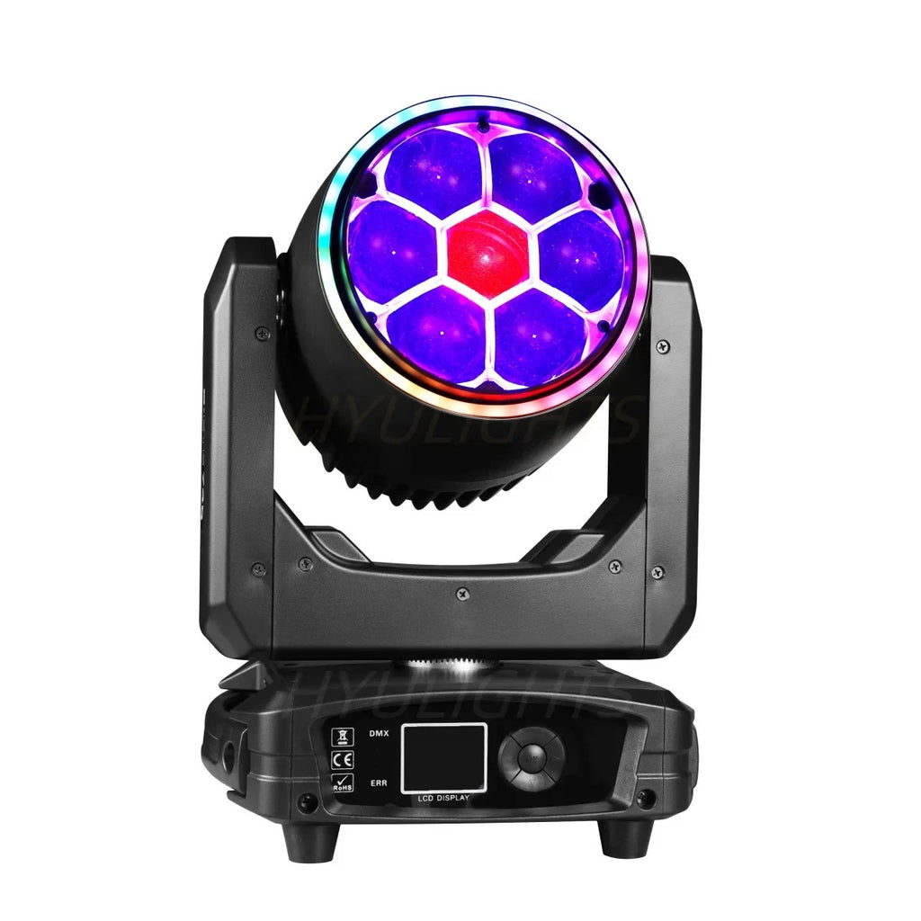 Testa Mobile LED 300W, 7x40W RGBW 4in1, Zoom 3-60°, DMX512, Schermo LCD, per Discoteche e Club