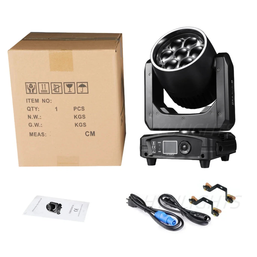 Testa Mobile LED 300W, 7x40W RGBW 4in1, Zoom 3-60°, DMX512, Schermo LCD, per Discoteche e Club