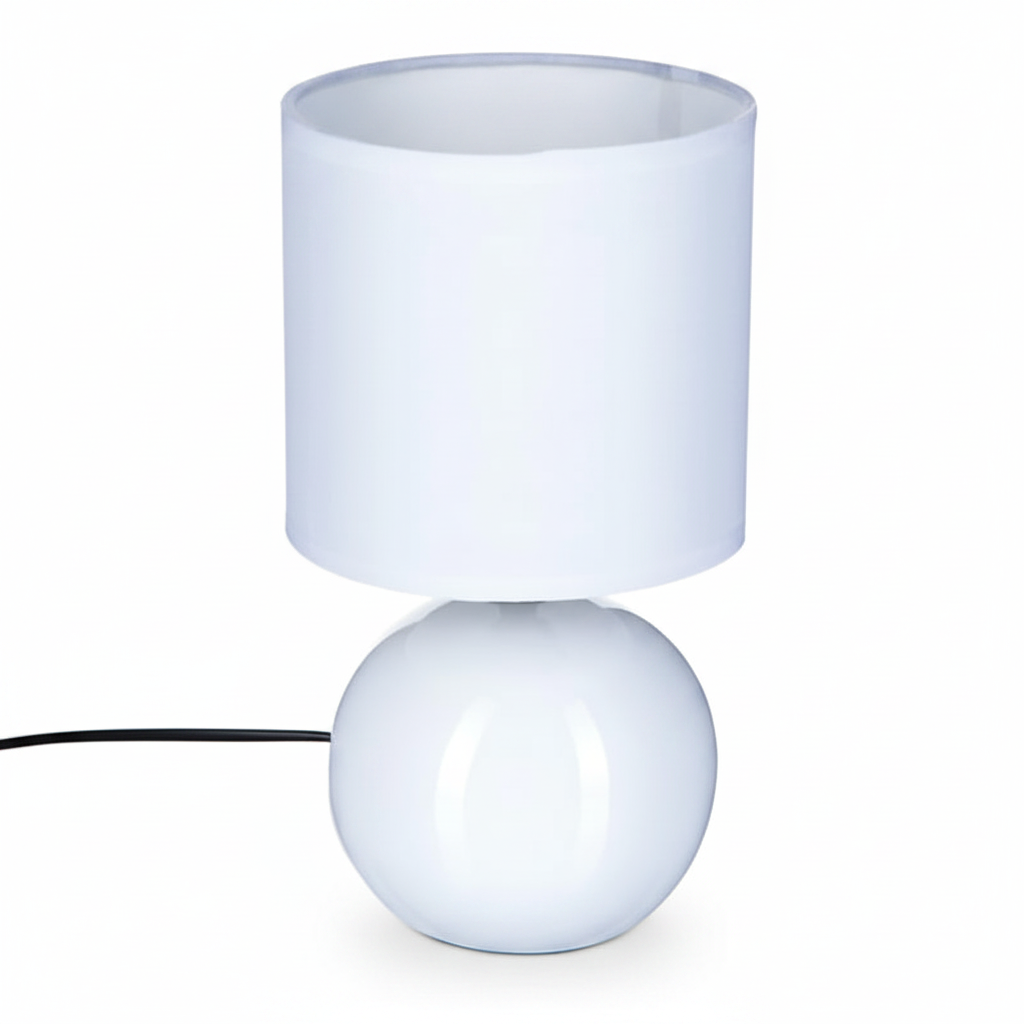 Lampada da Tavolo Sfera Timeo, Base Ceramica Smaltata Lucida, Paralume Cotone, H24,5cm, Attacco E14, 3 Colori