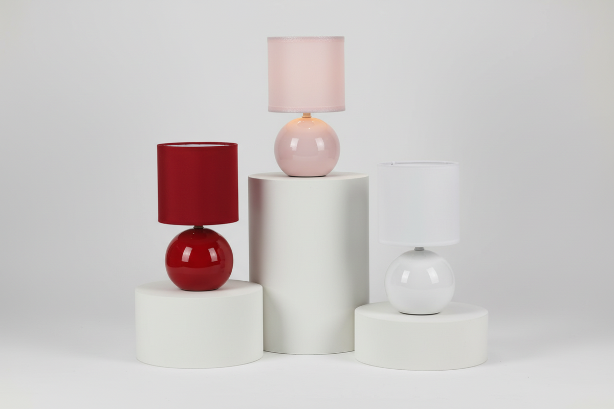 Lampada da Tavolo Sfera Timeo, Base Ceramica Smaltata Lucida, Paralume Cotone, H24,5cm, Attacco E14, 3 Colori