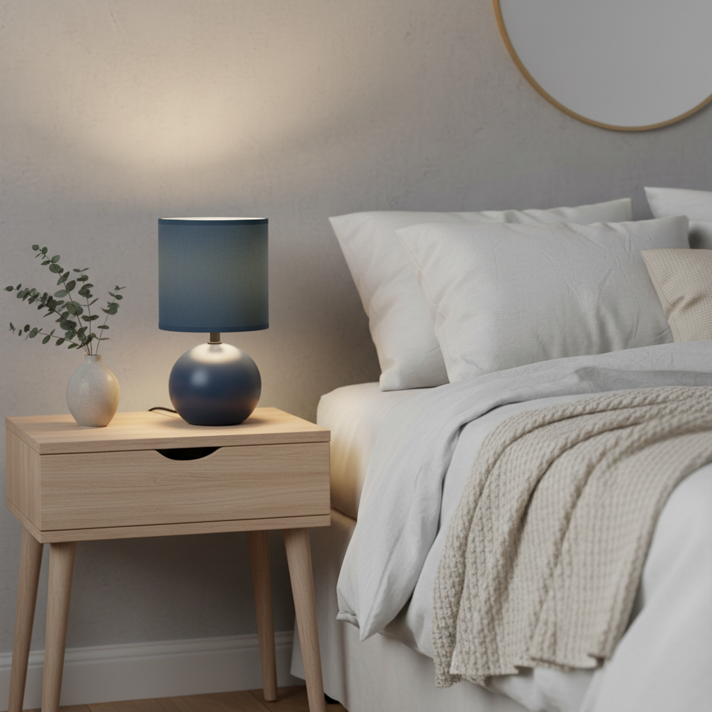 Lampada da Tavolo Sfera Timeo, Base Arenaria Finitura Opaca, Paralume Cotone, H24,5cm, Attacco E14, 5 Colori