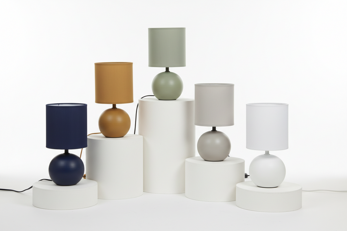 Lampada da Tavolo Sfera Timeo, Base Arenaria Finitura Opaca, Paralume Cotone, H24,5cm, Attacco E14, 5 Colori
