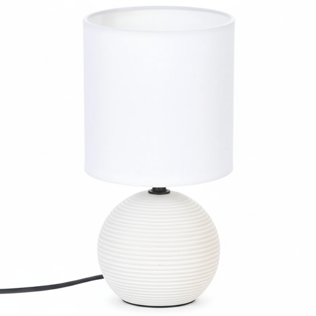 Lampada da Tavolo Sfera Striata Timeo, Base Arenaria Texture Rigata, Paralume Cotone, H24,5cm, Attacco E14 — Finitura Striata